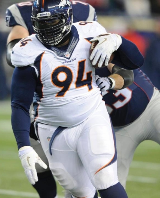 Broncos defensive tackle Terrance Knighton grabbed the ball from a Patriots fumble, leading to a touchdown. (Denver Broncos photo)